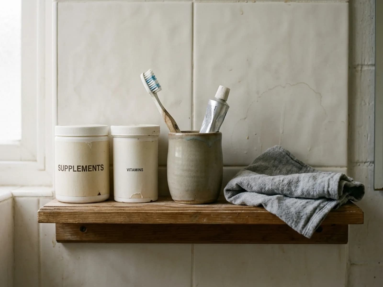 A bathroom shelf with simple personal care items and a folded towel.