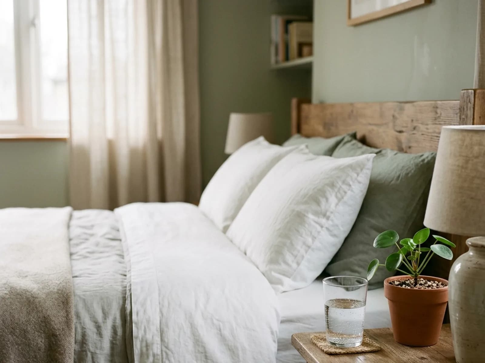 A neatly made bed with clean linen in soft morning light, a glass of water and a small plant on the bedside table.